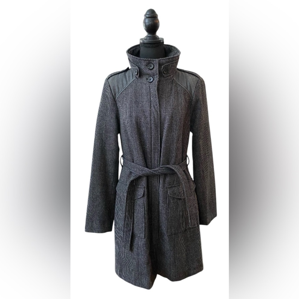 Attention: Black and Gray Wool Mix Tweed Pea Coat Jacket with Belt